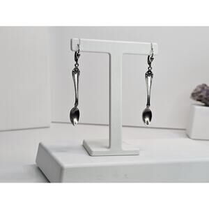Vintage Signed - Silver Plated Detailed Spoon Dangle Earrings (Corrosion)